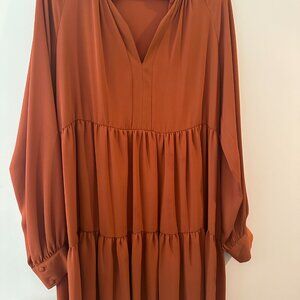 Sam and Jess Ruffle Tiered Long Sleeve V-neck Mini Babydoll Dress | Rust M